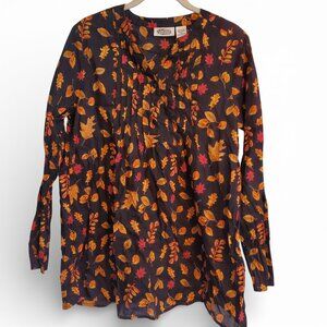 Vintage 90s Black Autumnal Fall Leaf Pattern Long Sleeve Blouse Top
